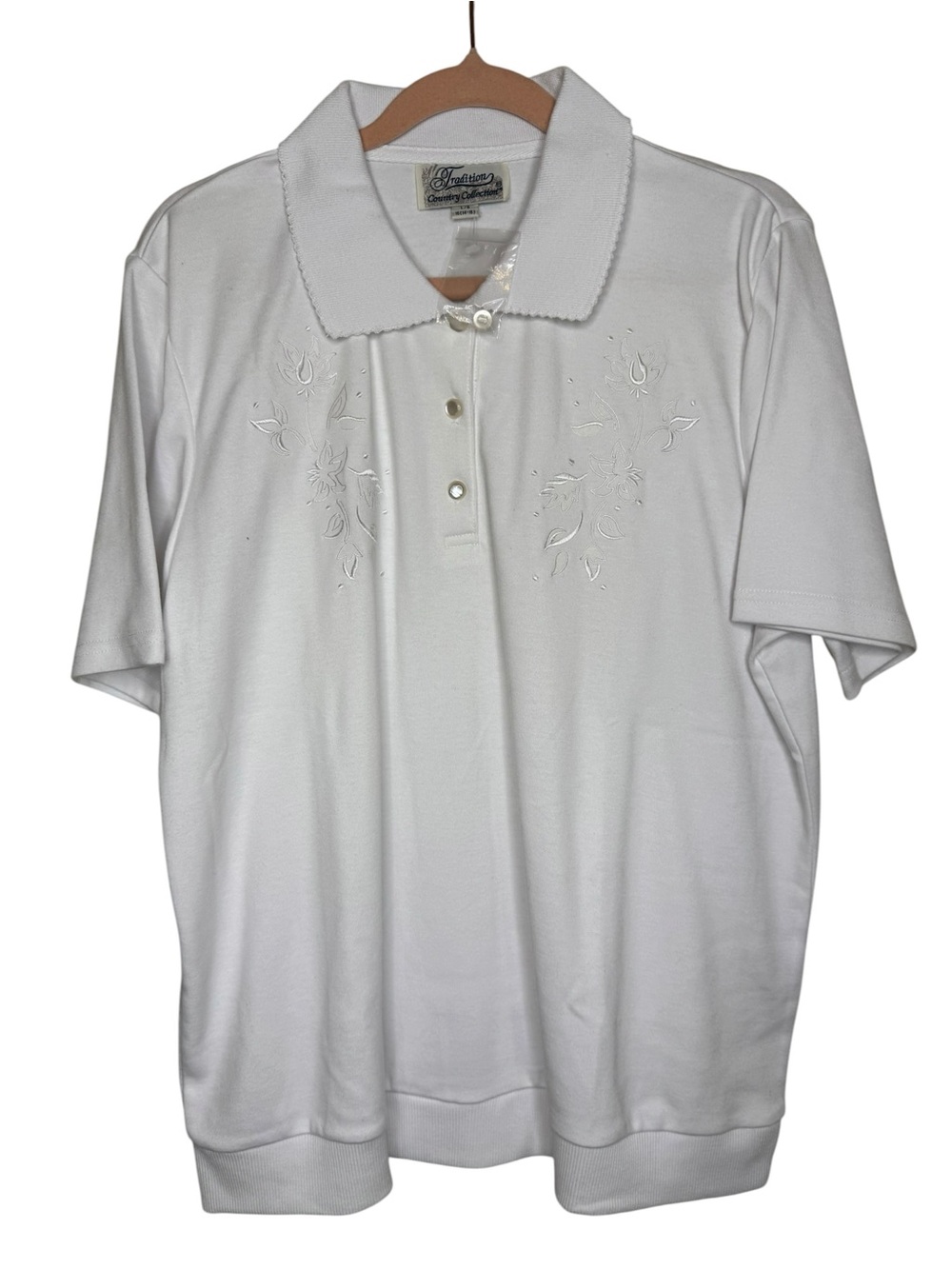 Vintage Tradition White Floral Embroidered Polo Shirt Size L NWOT